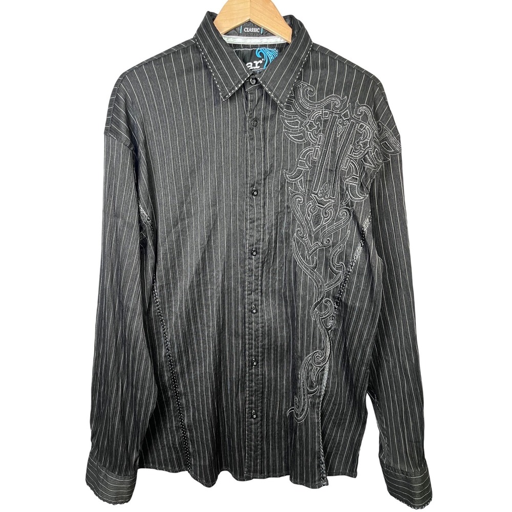 Roar Button Down Shirt Mens Large Black Excellent Pinstripe Embroidered Classic